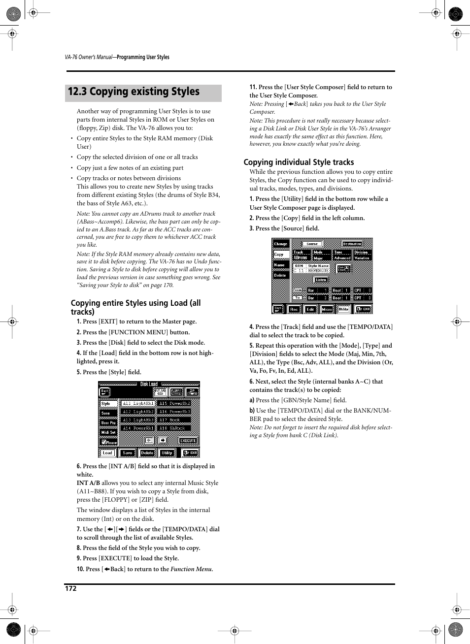 3 copying existing styles, Copying entire styles using load (all tracks), Copying individual style tracks | Roland V-Arranger Keyboard VA-76 User Manual | Page 170 / 264