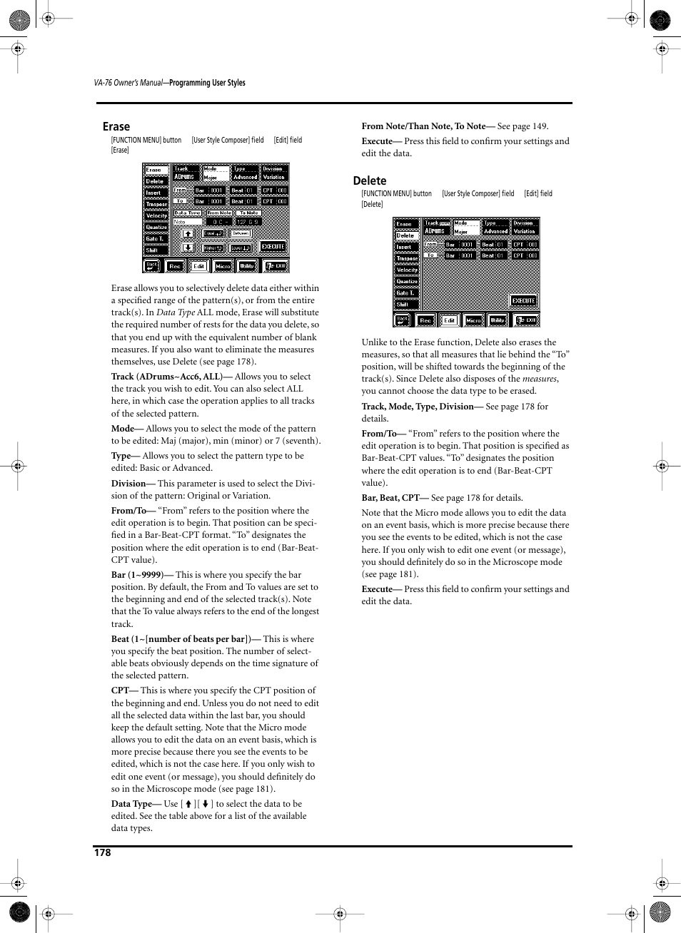 Erase, Delete | Roland V-Arranger Keyboard VA-76 User Manual | Page 176 / 264