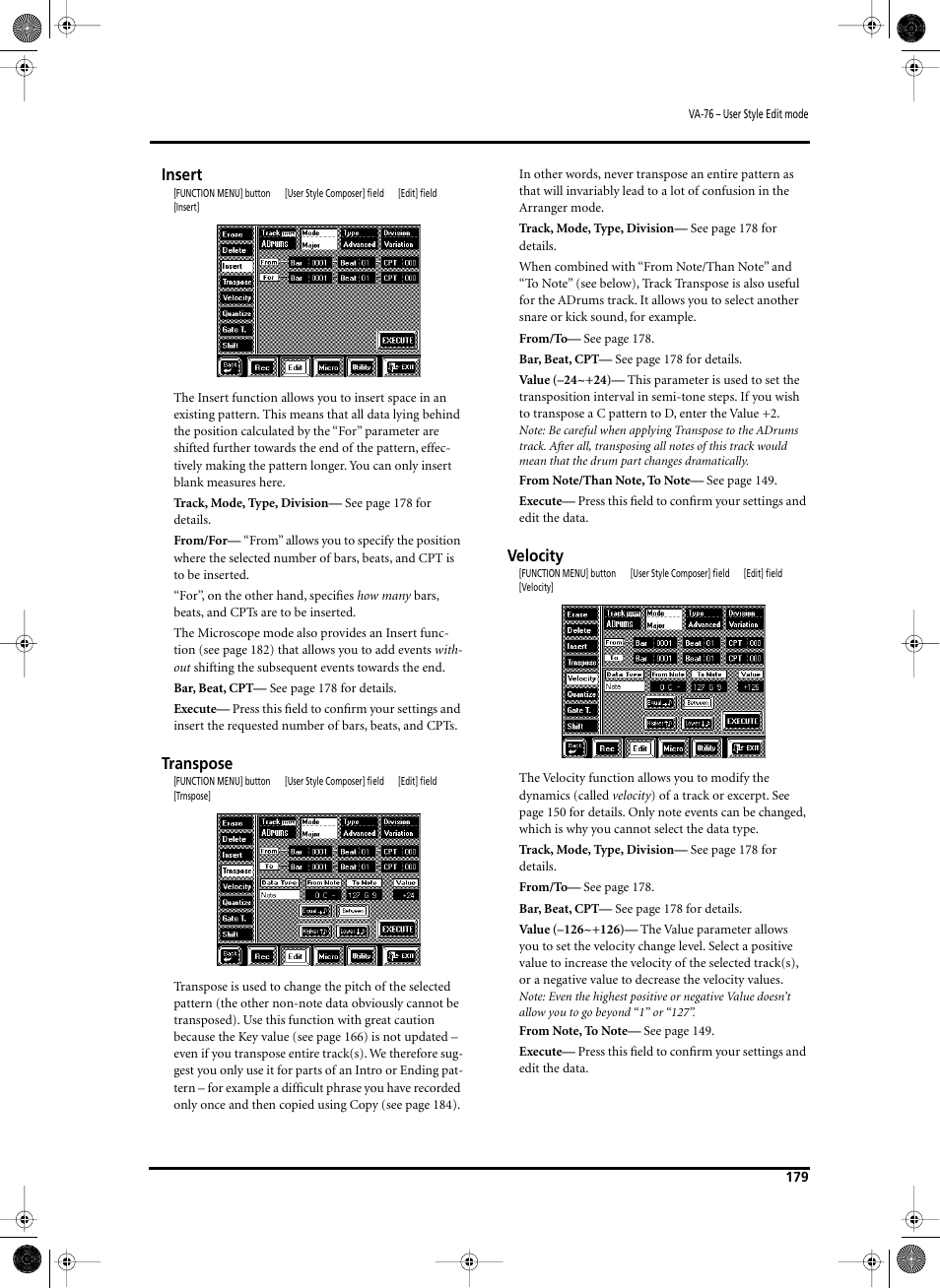 Insert, Transpose, Velocity | Roland V-Arranger Keyboard VA-76 User Manual | Page 177 / 264