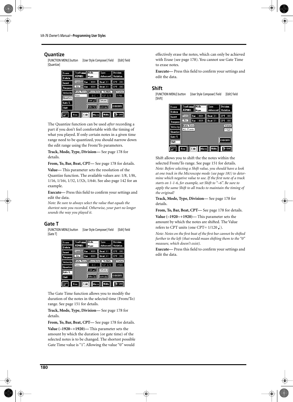 Quantize, Gate t, Shift | Roland V-Arranger Keyboard VA-76 User Manual | Page 178 / 264