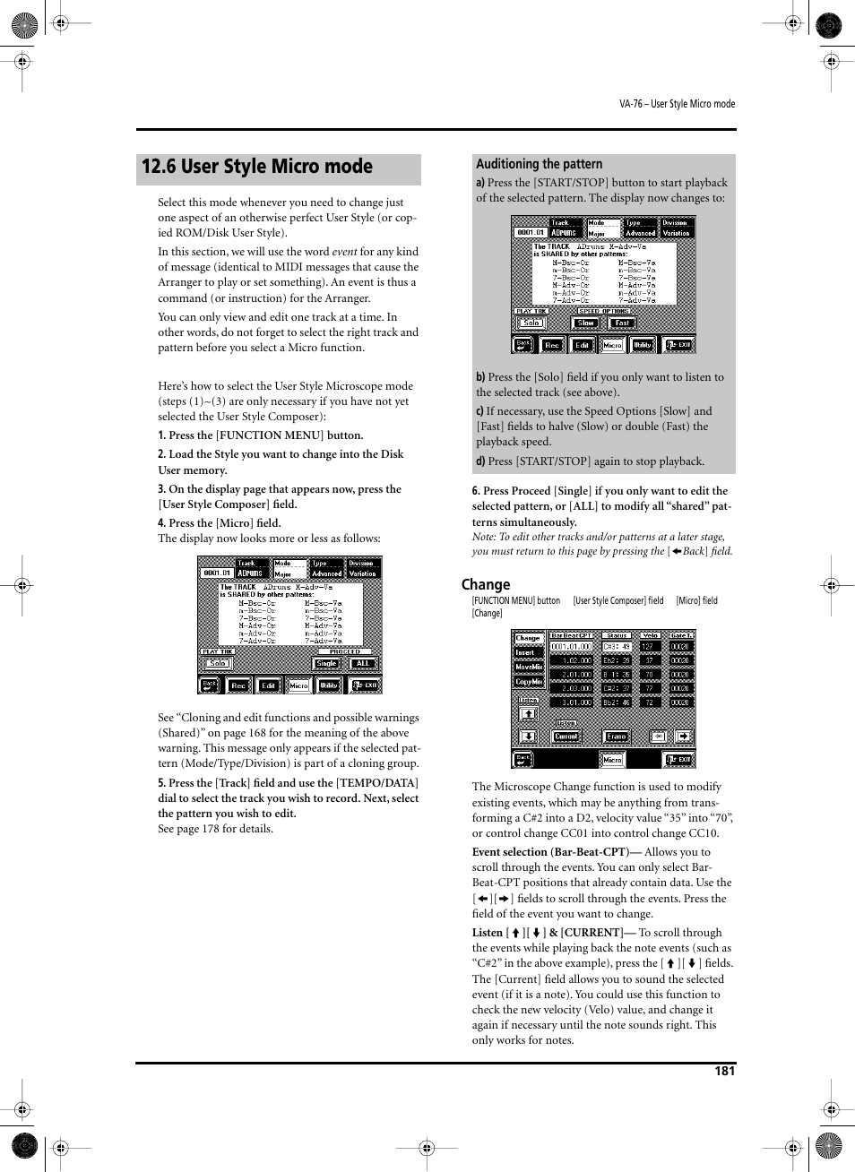 6 user style micro mode, Change | Roland V-Arranger Keyboard VA-76 User Manual | Page 179 / 264