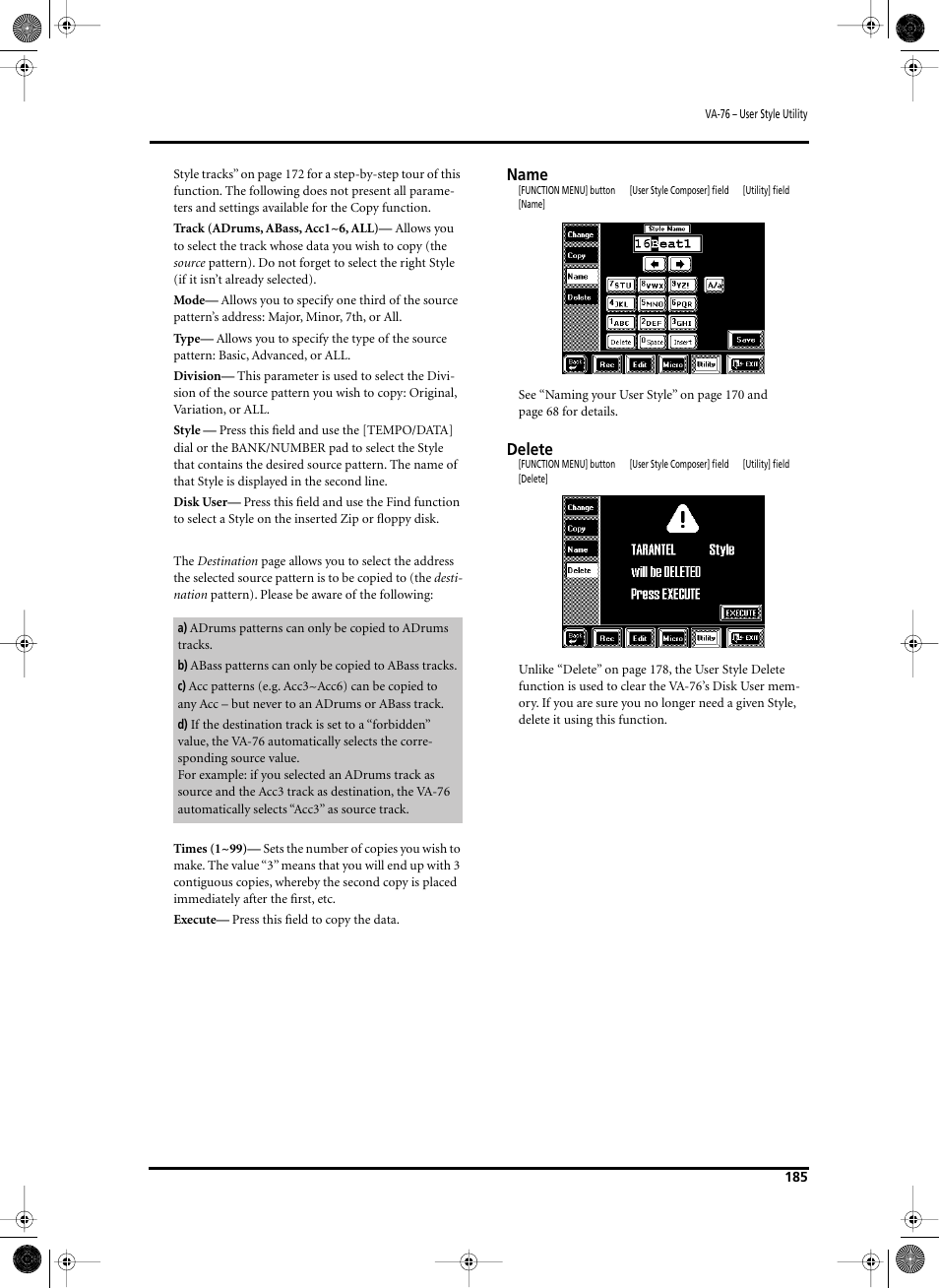 Name, Delete | Roland V-Arranger Keyboard VA-76 User Manual | Page 183 / 264