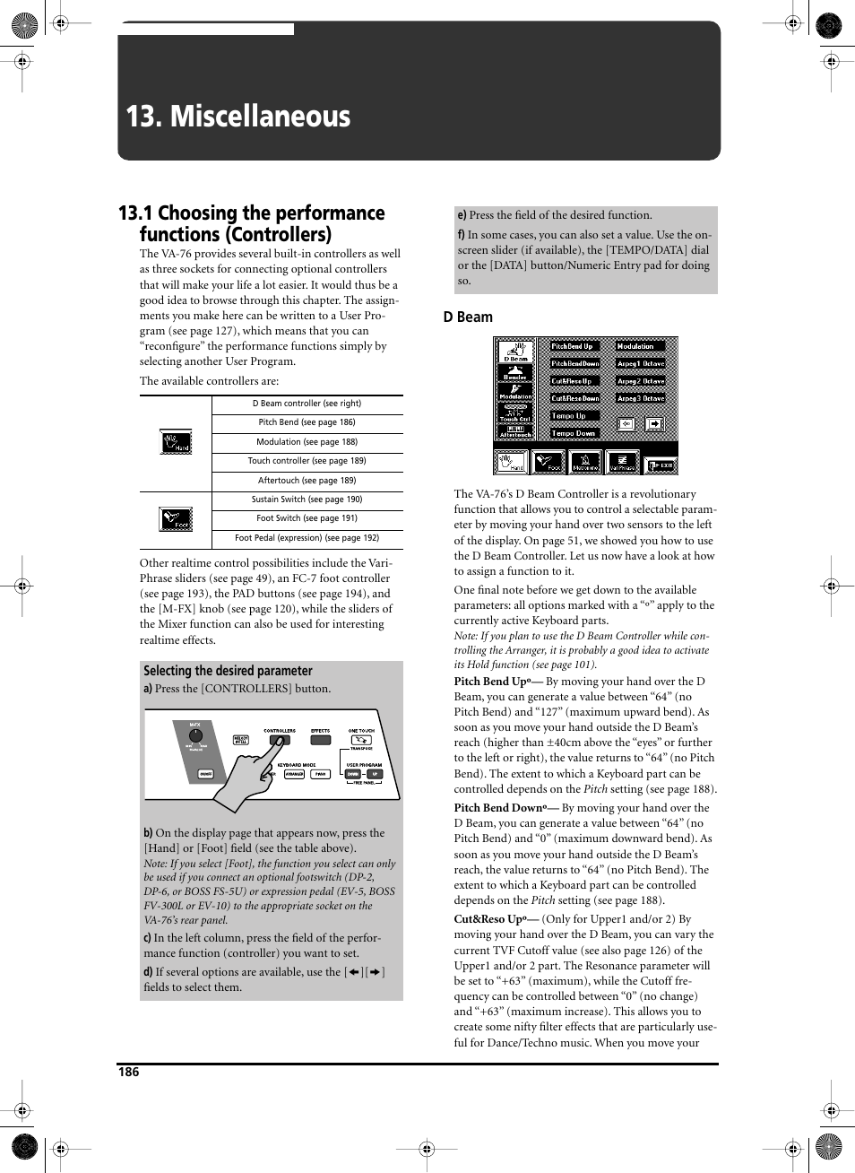 Miscellaneous, 1 choosing the performance functions (controllers), D beam | Roland V-Arranger Keyboard VA-76 User Manual | Page 184 / 264