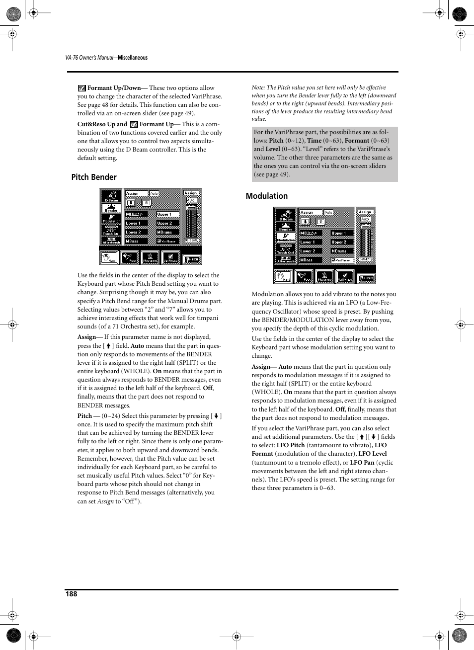 Pitch bender, Modulation | Roland V-Arranger Keyboard VA-76 User Manual | Page 186 / 264