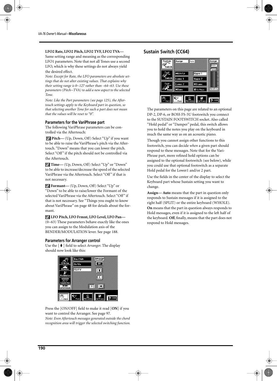 Sustain switch (cc64) | Roland V-Arranger Keyboard VA-76 User Manual | Page 188 / 264