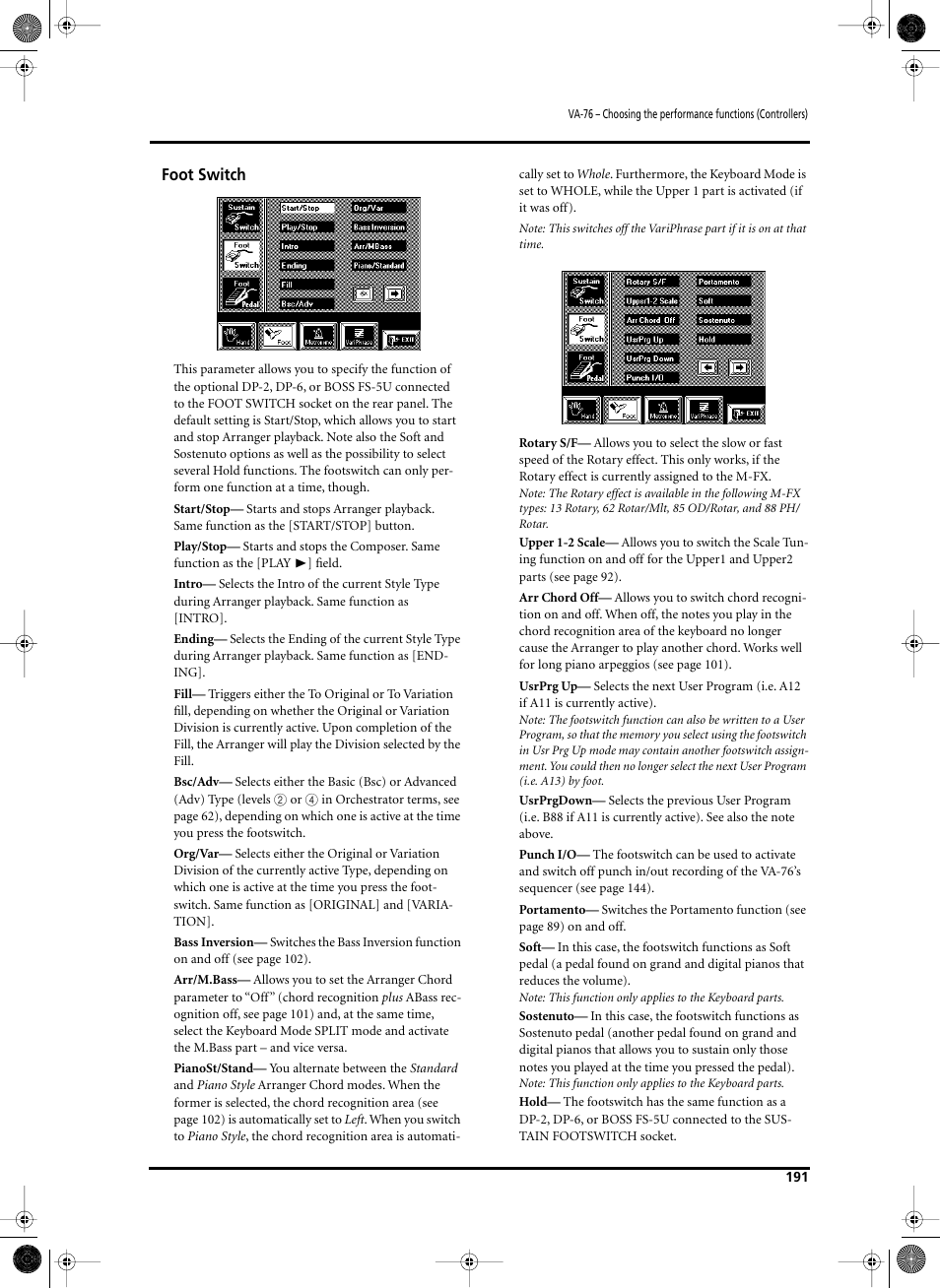 Foot switch | Roland V-Arranger Keyboard VA-76 User Manual | Page 189 / 264