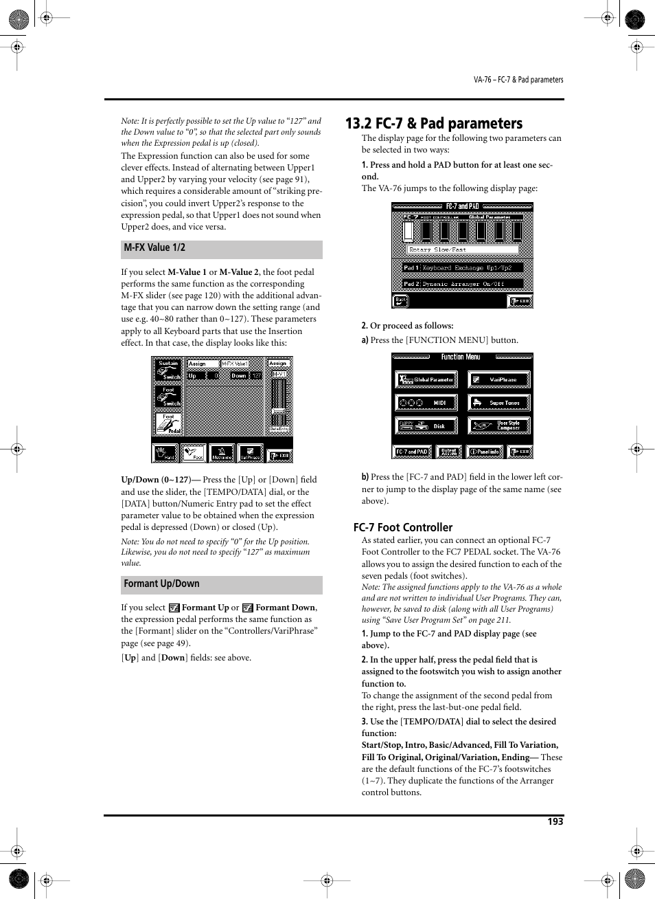 2 fc-7 & pad parameters, Fc-7 foot controller | Roland V-Arranger Keyboard VA-76 User Manual | Page 191 / 264