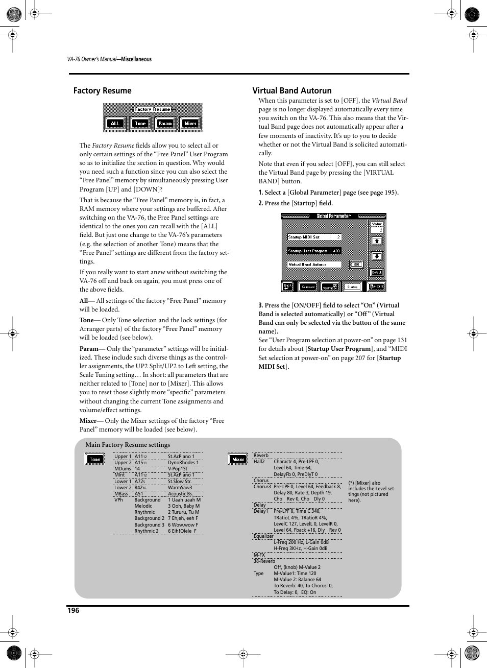 Factory resume, Virtual band autorun | Roland V-Arranger Keyboard VA-76 User Manual | Page 194 / 264