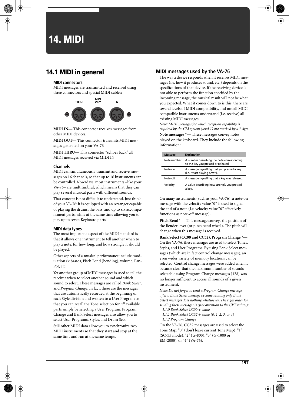 Midi, 1 midi in general, Midi messages used by the va-76 | Roland V-Arranger Keyboard VA-76 User Manual | Page 195 / 264