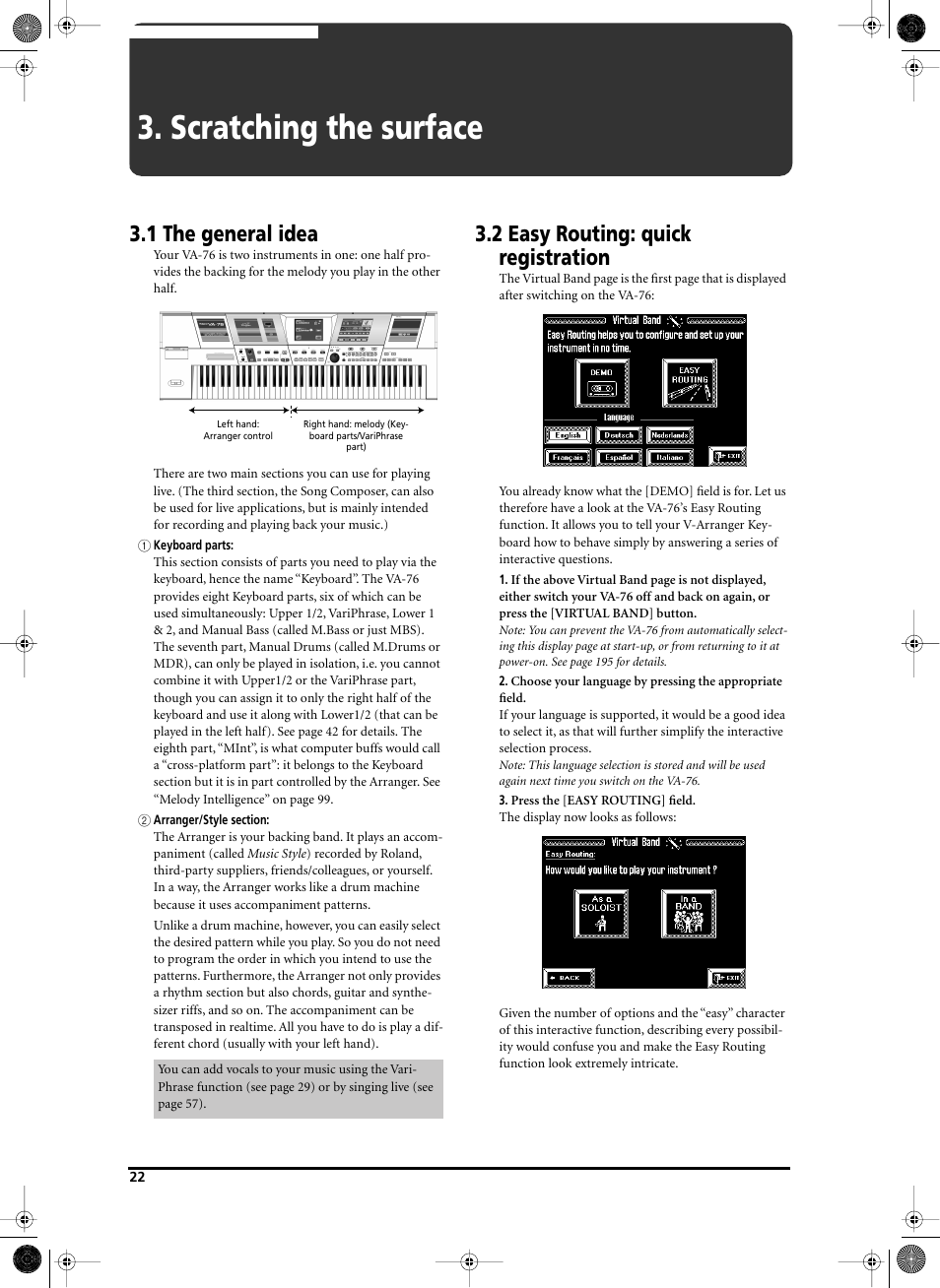 Scratching the surface, 1 the general idea, 2 easy routing: quick registration | Roland V-Arranger Keyboard VA-76 User Manual | Page 20 / 264