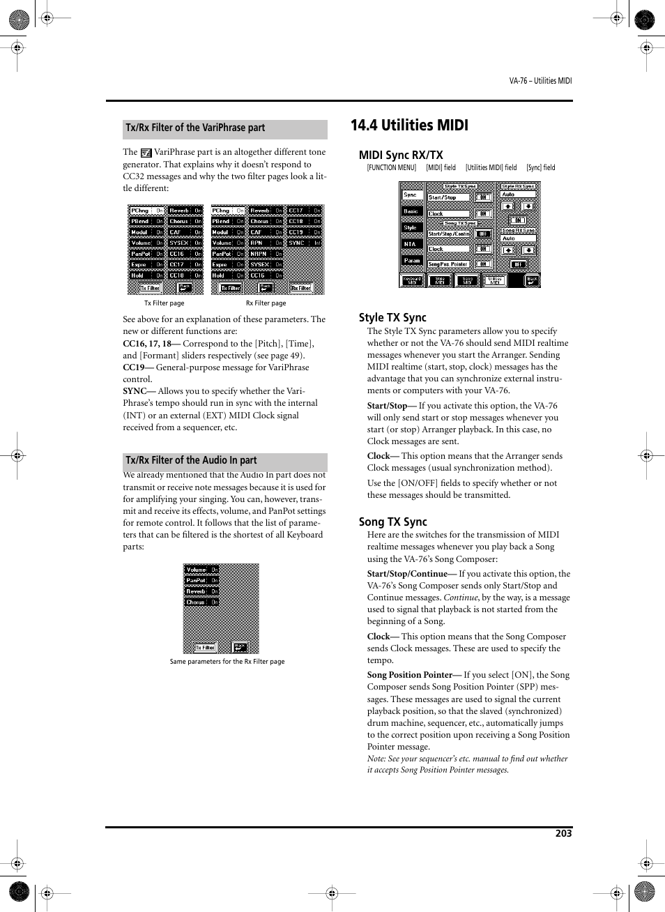 4 utilities midi, Midi sync rx/tx, Style tx sync | Song tx sync | Roland V-Arranger Keyboard VA-76 User Manual | Page 201 / 264