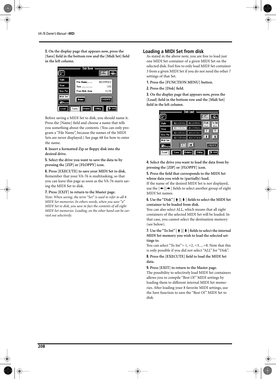 Loading a midi set from disk | Roland V-Arranger Keyboard VA-76 User Manual | Page 206 / 264