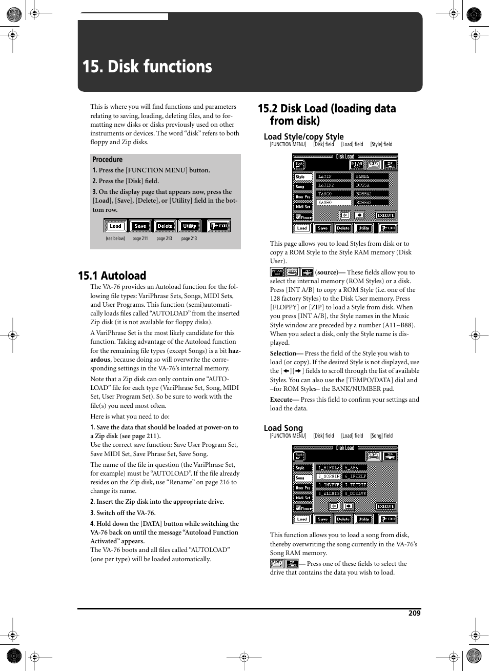 Disk functions, 1 autoload, 2 disk load (loading data from disk) | Roland V-Arranger Keyboard VA-76 User Manual | Page 207 / 264