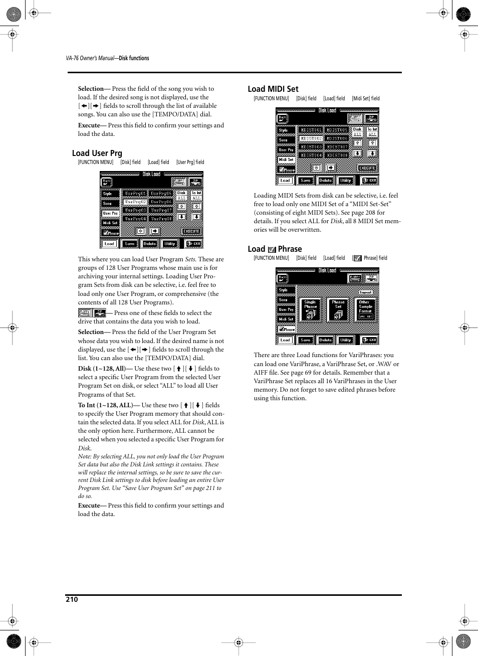 Load user prg, Load midi set, Load | Phrase | Roland V-Arranger Keyboard VA-76 User Manual | Page 208 / 264