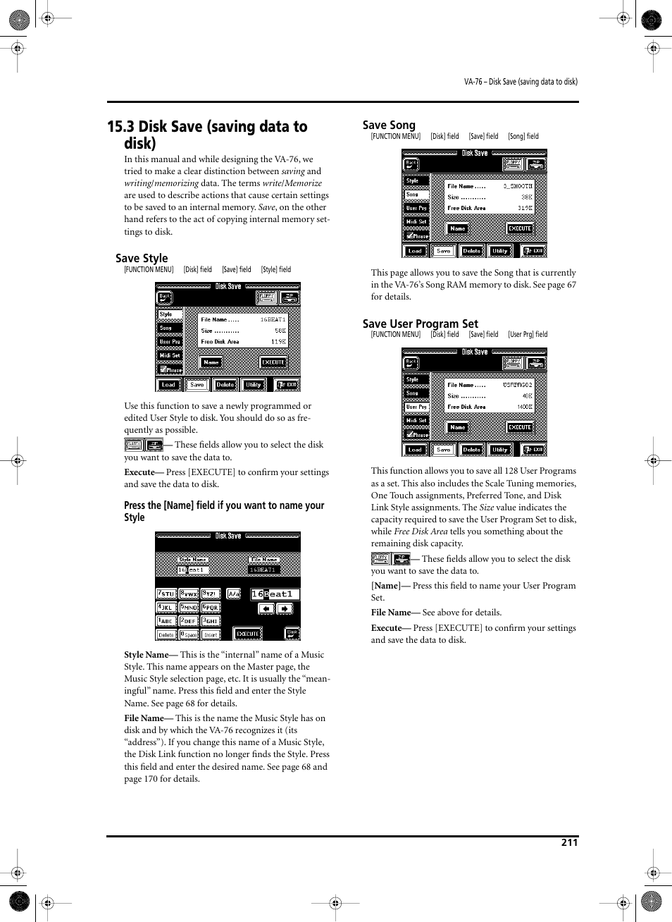 3 disk save (saving data to disk) | Roland V-Arranger Keyboard VA-76 User Manual | Page 209 / 264