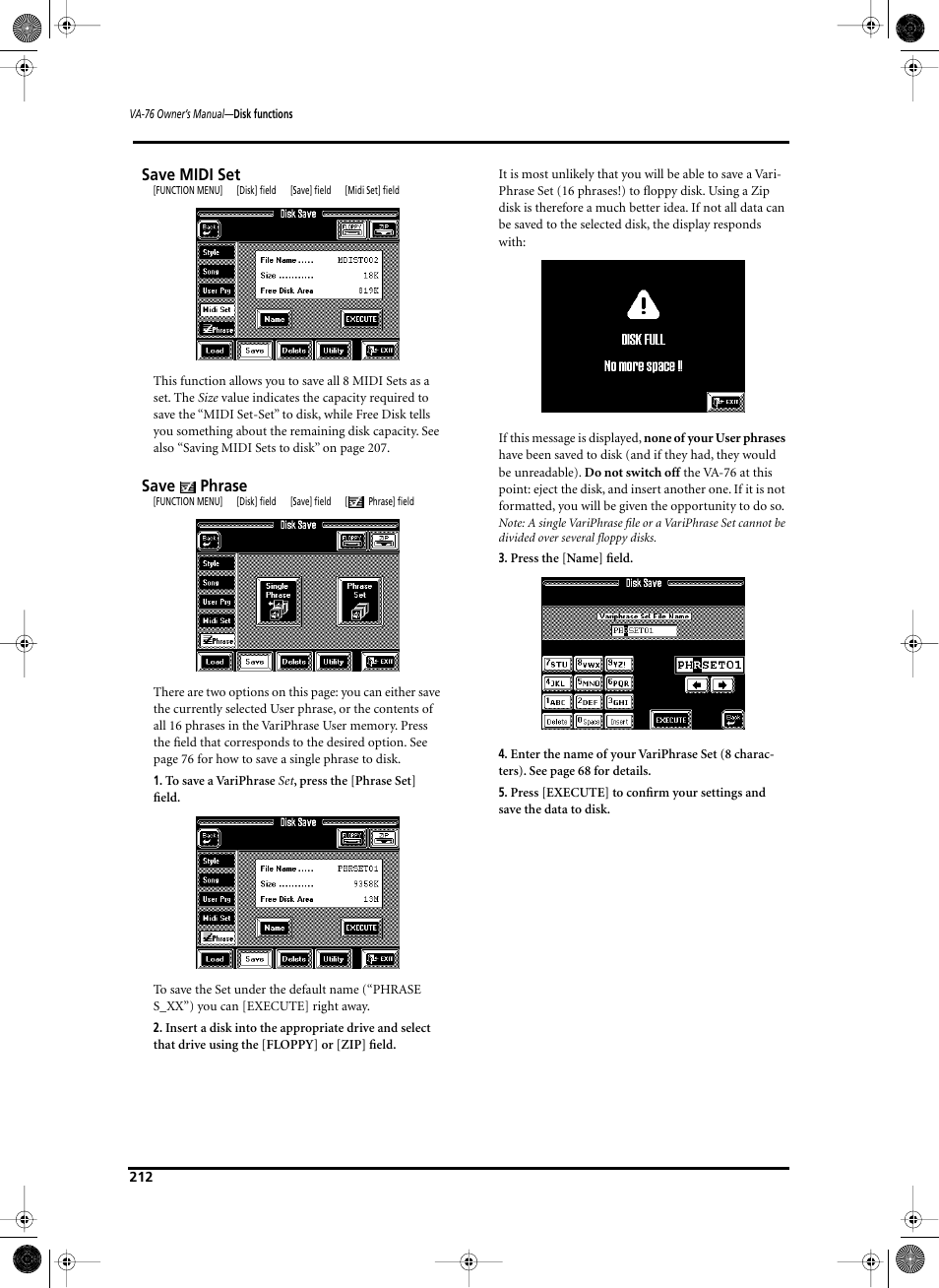 Save midi set, Save, Phrase | Roland V-Arranger Keyboard VA-76 User Manual | Page 210 / 264