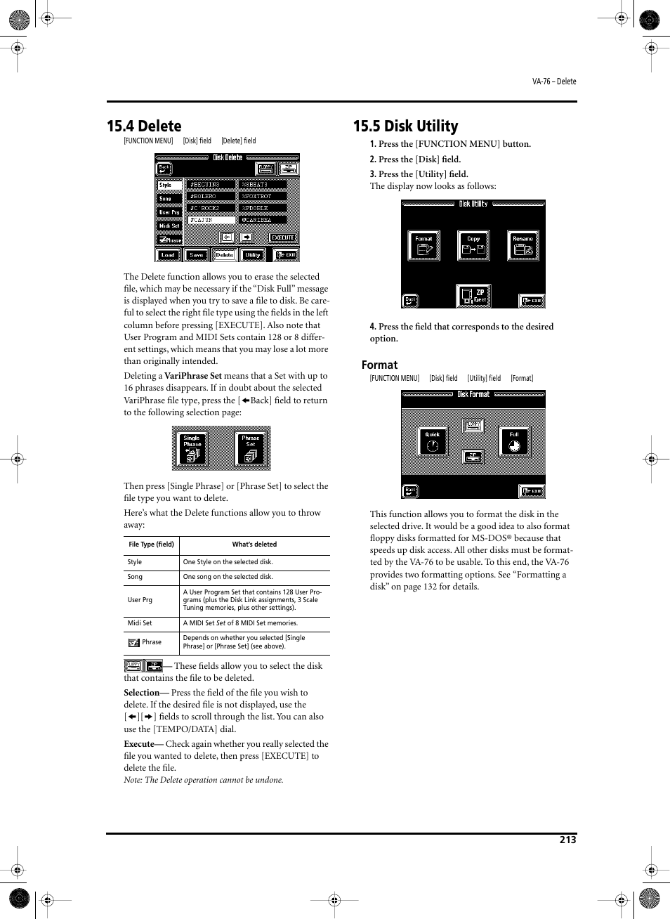 4 delete, 5 disk utility, Format | Roland V-Arranger Keyboard VA-76 User Manual | Page 211 / 264