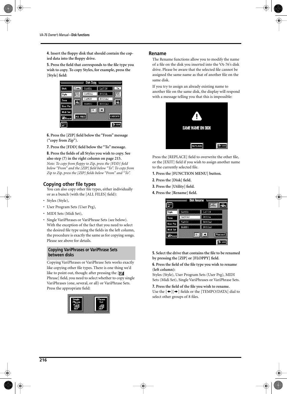 Copying other file types, Rename | Roland V-Arranger Keyboard VA-76 User Manual | Page 214 / 264