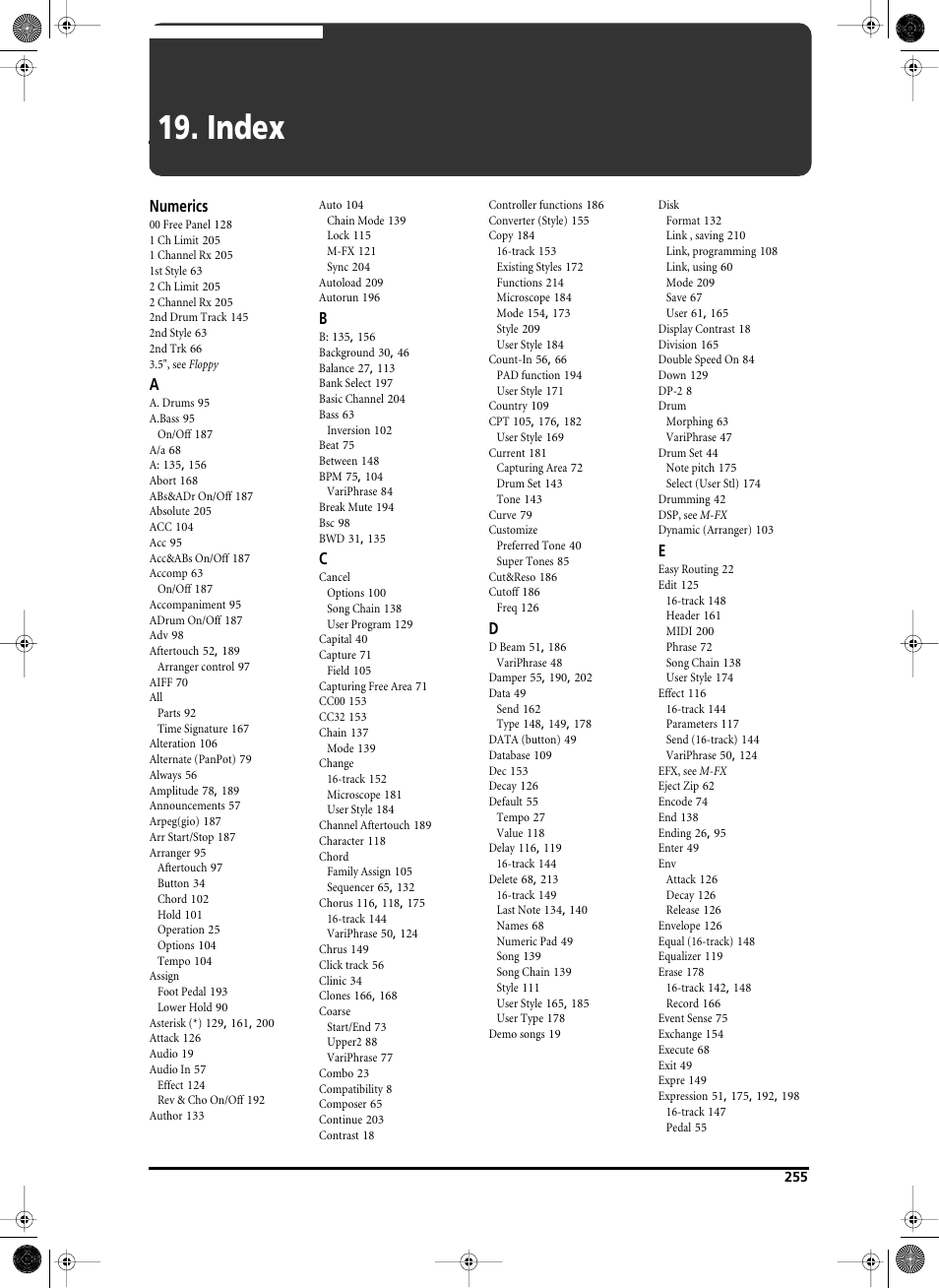 Index, Numerics | Roland V-Arranger Keyboard VA-76 User Manual | Page 253 / 264