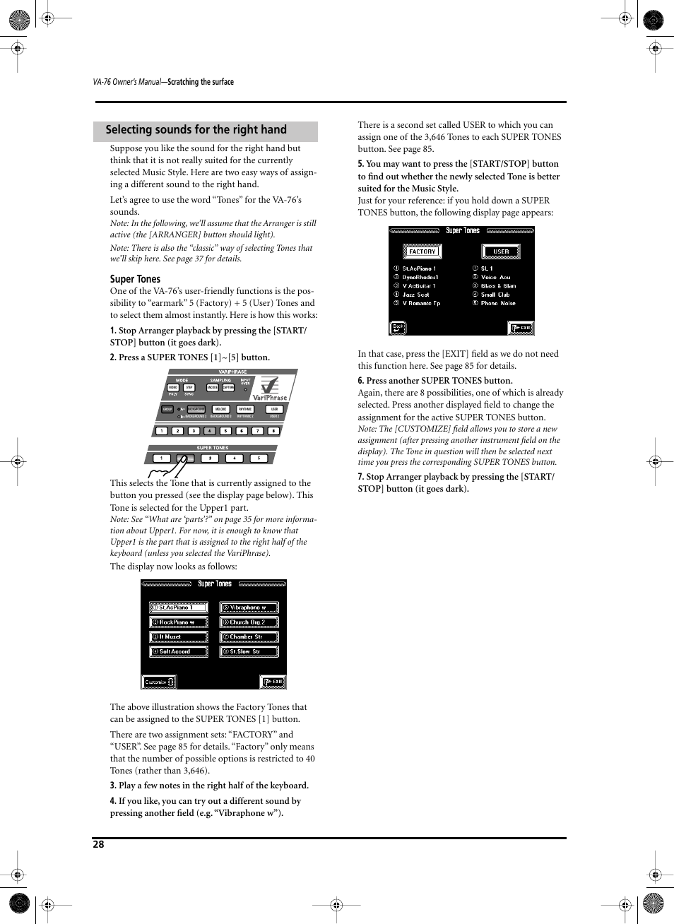 Selecting sounds for the right hand, Super tones | Roland V-Arranger Keyboard VA-76 User Manual | Page 26 / 264