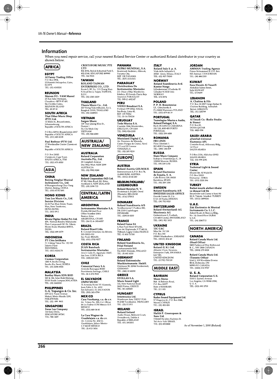 Information | Roland V-Arranger Keyboard VA-76 User Manual | Page 264 / 264