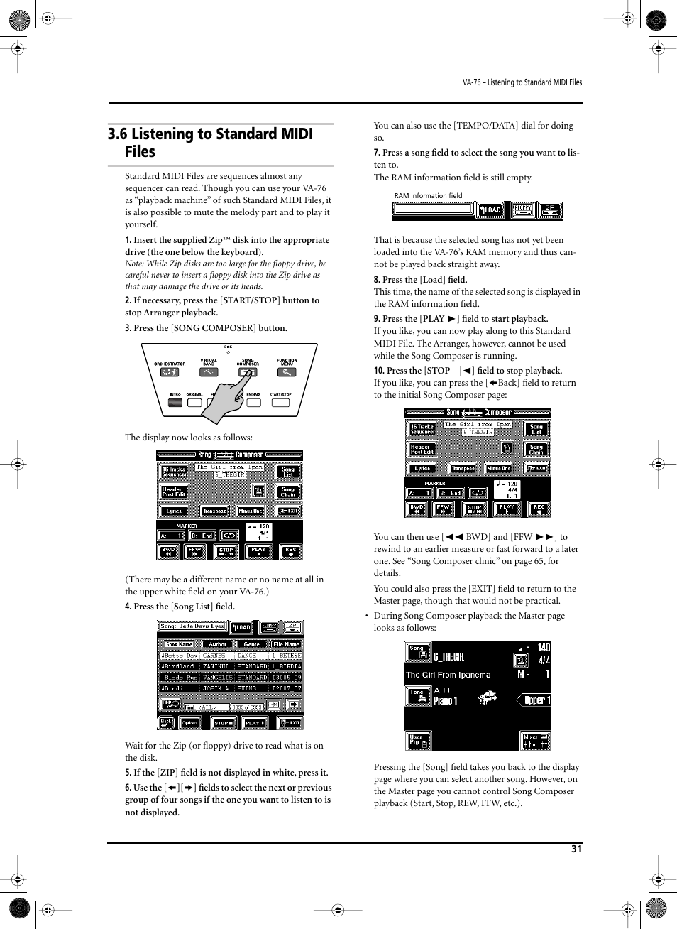 6 listening to standard midi files | Roland V-Arranger Keyboard VA-76 User Manual | Page 29 / 264