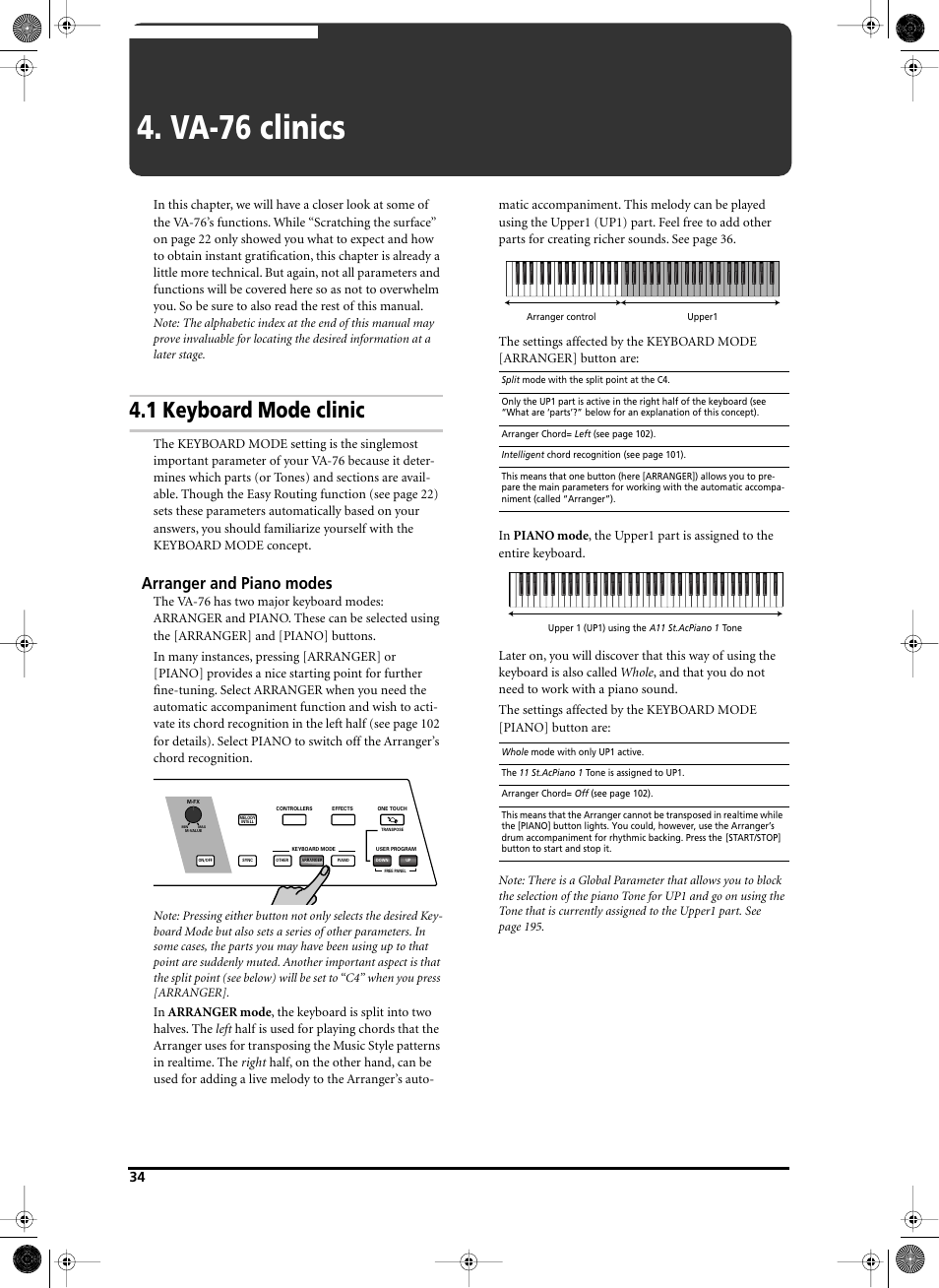 Va-76 clinics, 1 keyboard mode clinic, Arranger and piano modes | Roland V-Arranger Keyboard VA-76 User Manual | Page 32 / 264