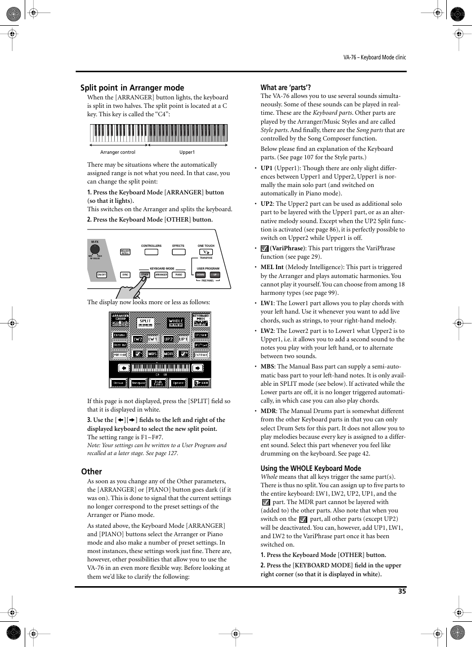 Split point in arranger mode, Other, What are ‘parts | Using the whole keyboard mode | Roland V-Arranger Keyboard VA-76 User Manual | Page 33 / 264