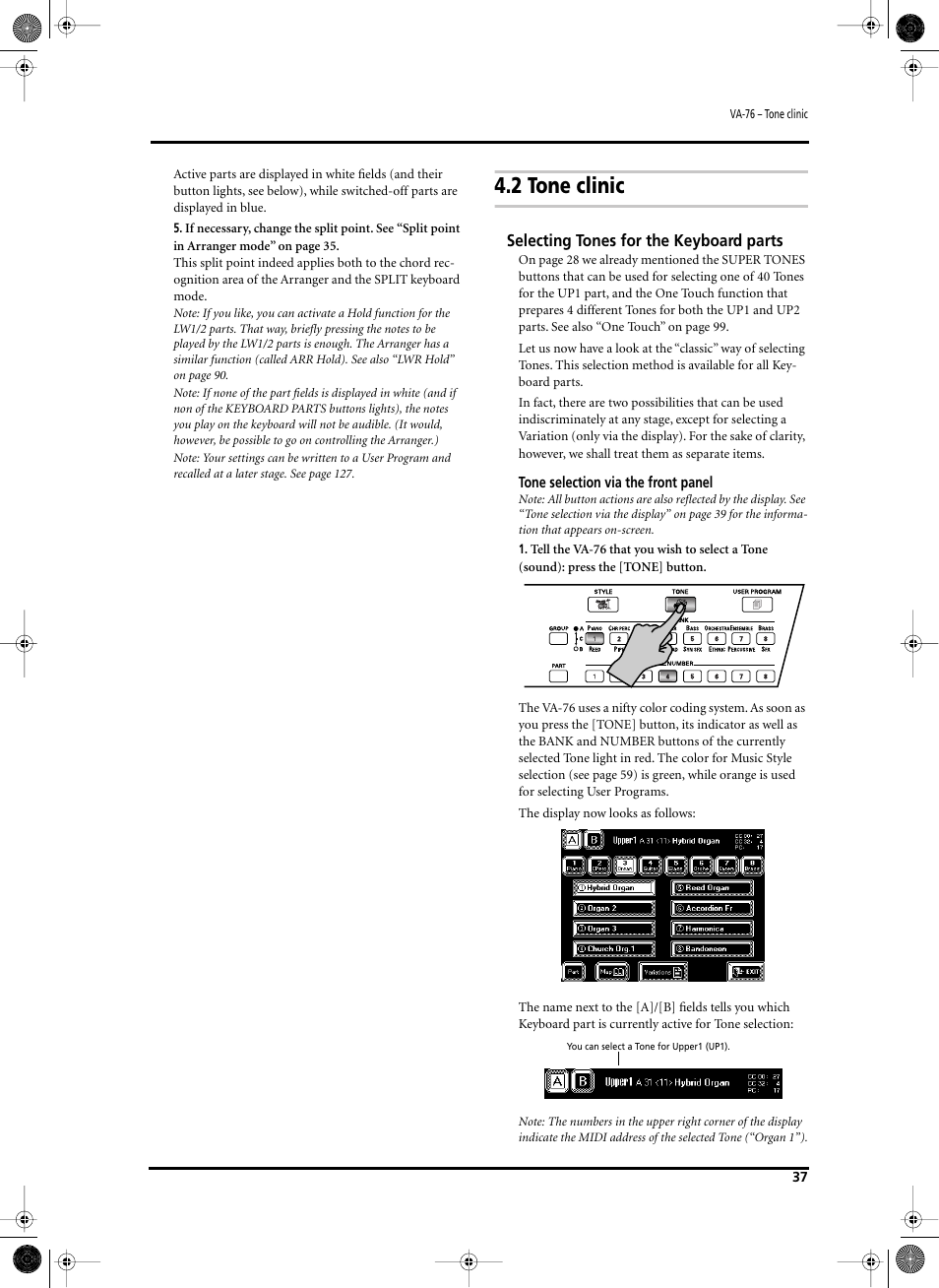 2 tone clinic, Selecting tones for the keyboard parts | Roland V-Arranger Keyboard VA-76 User Manual | Page 35 / 264