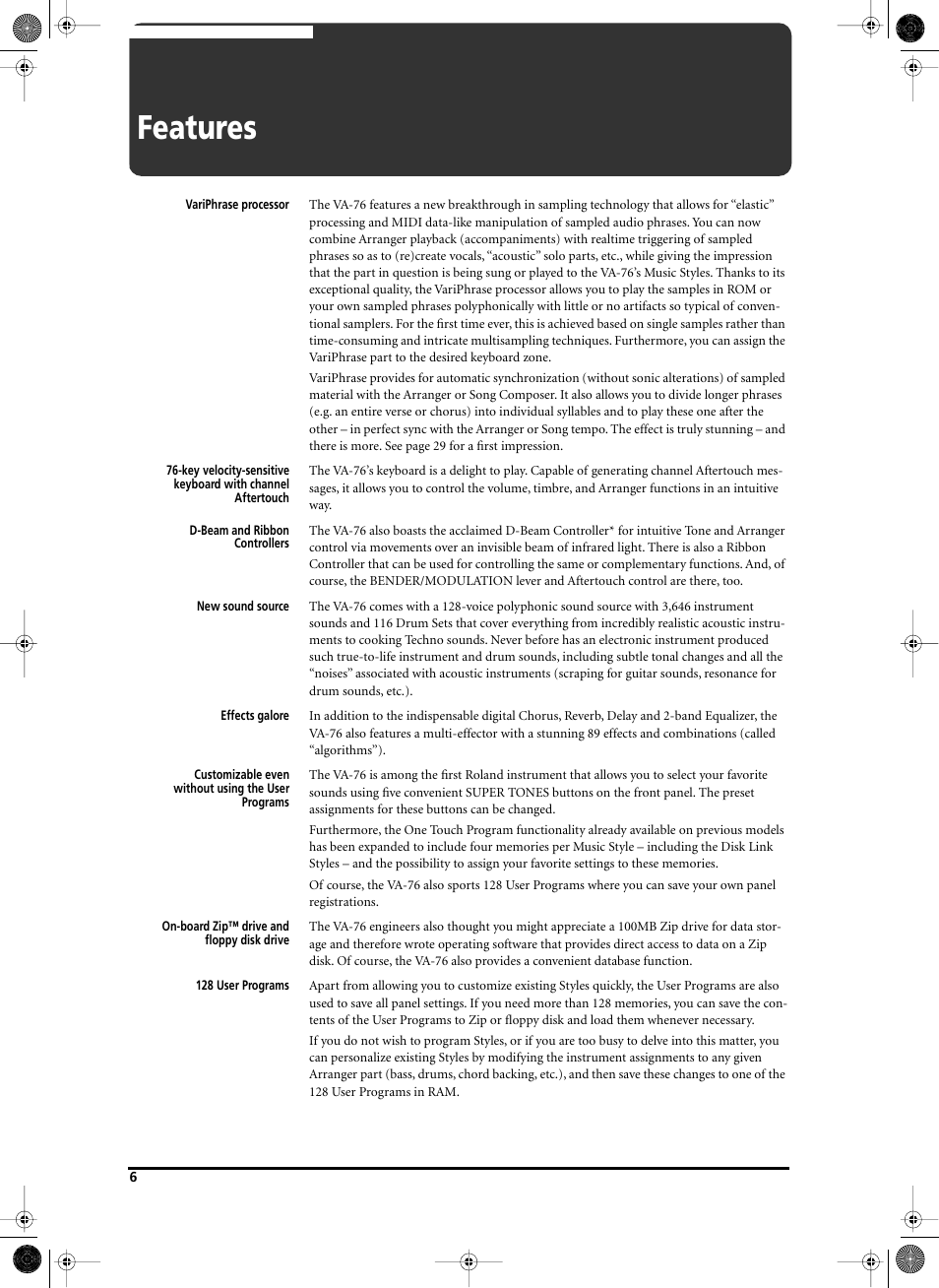Features | Roland V-Arranger Keyboard VA-76 User Manual | Page 4 / 264