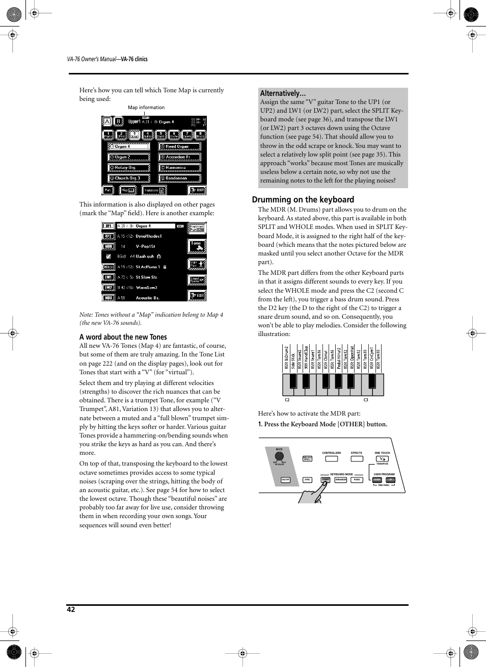 Drumming on the keyboard, A word about the new tones, Alternatively | Va-76 owner’s manual — va-76 clinics | Roland V-Arranger Keyboard VA-76 User Manual | Page 40 / 264