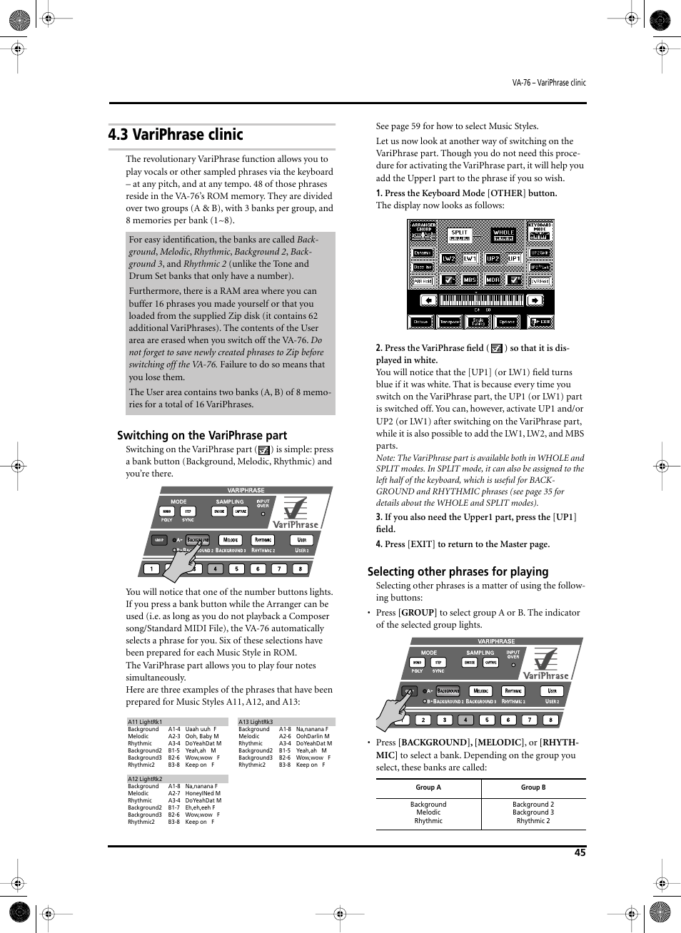 3 variphrase clinic, Switching on the variphrase part, Selecting other phrases for playing | Roland V-Arranger Keyboard VA-76 User Manual | Page 43 / 264