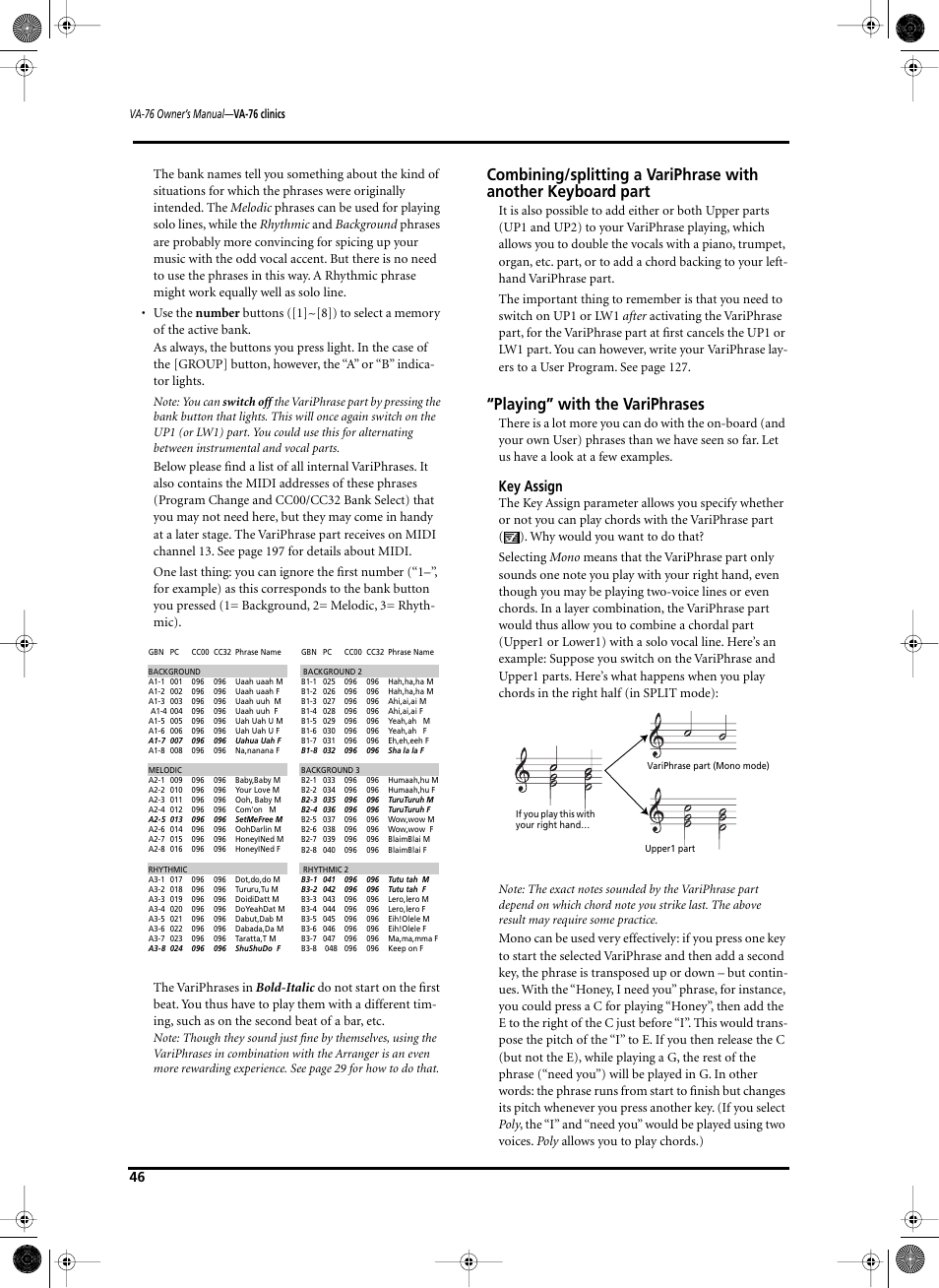 Playing” with the variphrases, Key assign | Roland V-Arranger Keyboard VA-76 User Manual | Page 44 / 264