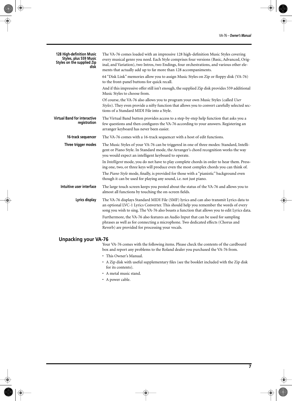 Unpacking your va-76 | Roland V-Arranger Keyboard VA-76 User Manual | Page 5 / 264