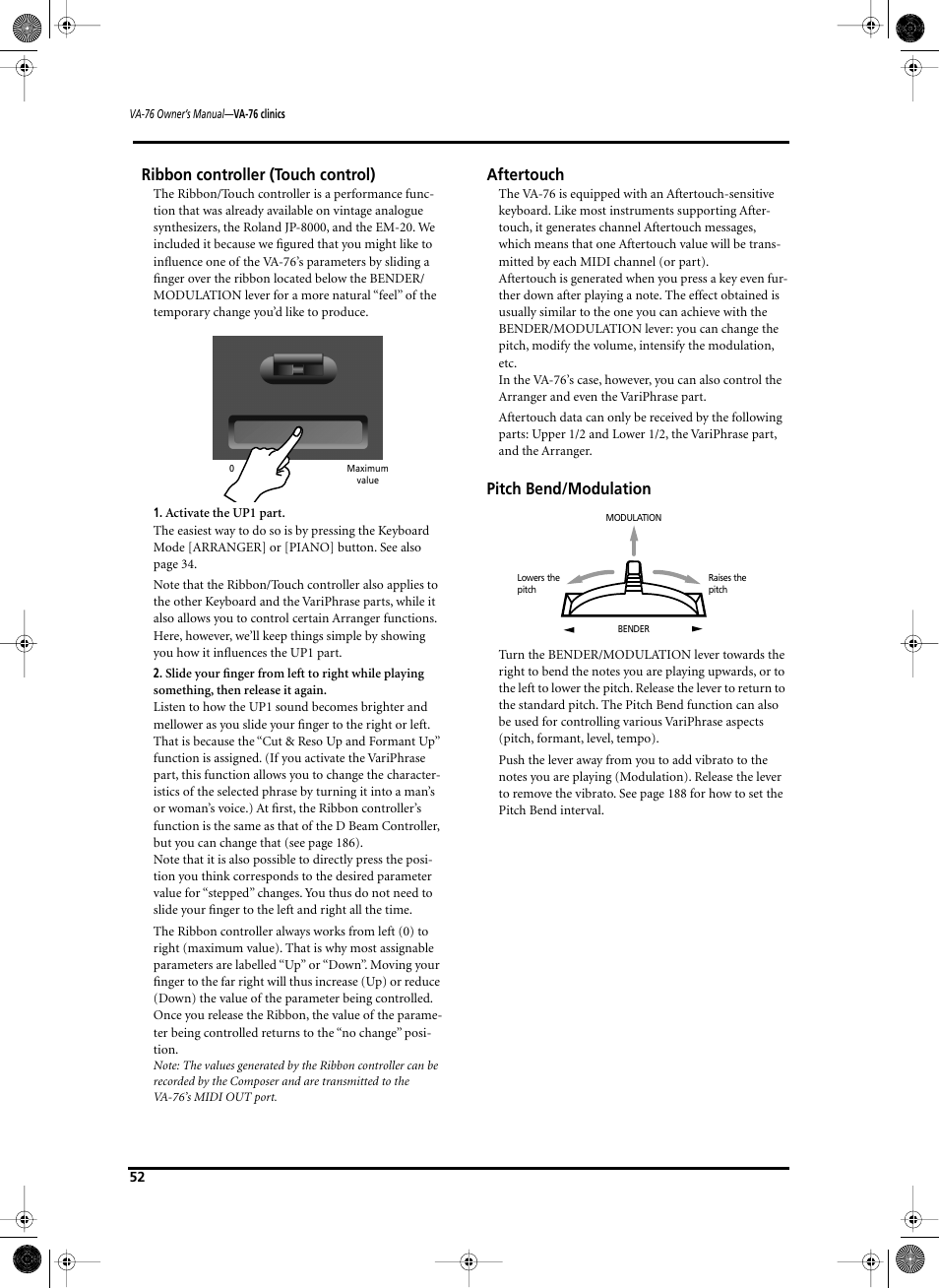 Ribbon controller (touch control), Aftertouch, Pitch bend/modulation | Roland V-Arranger Keyboard VA-76 User Manual | Page 50 / 264