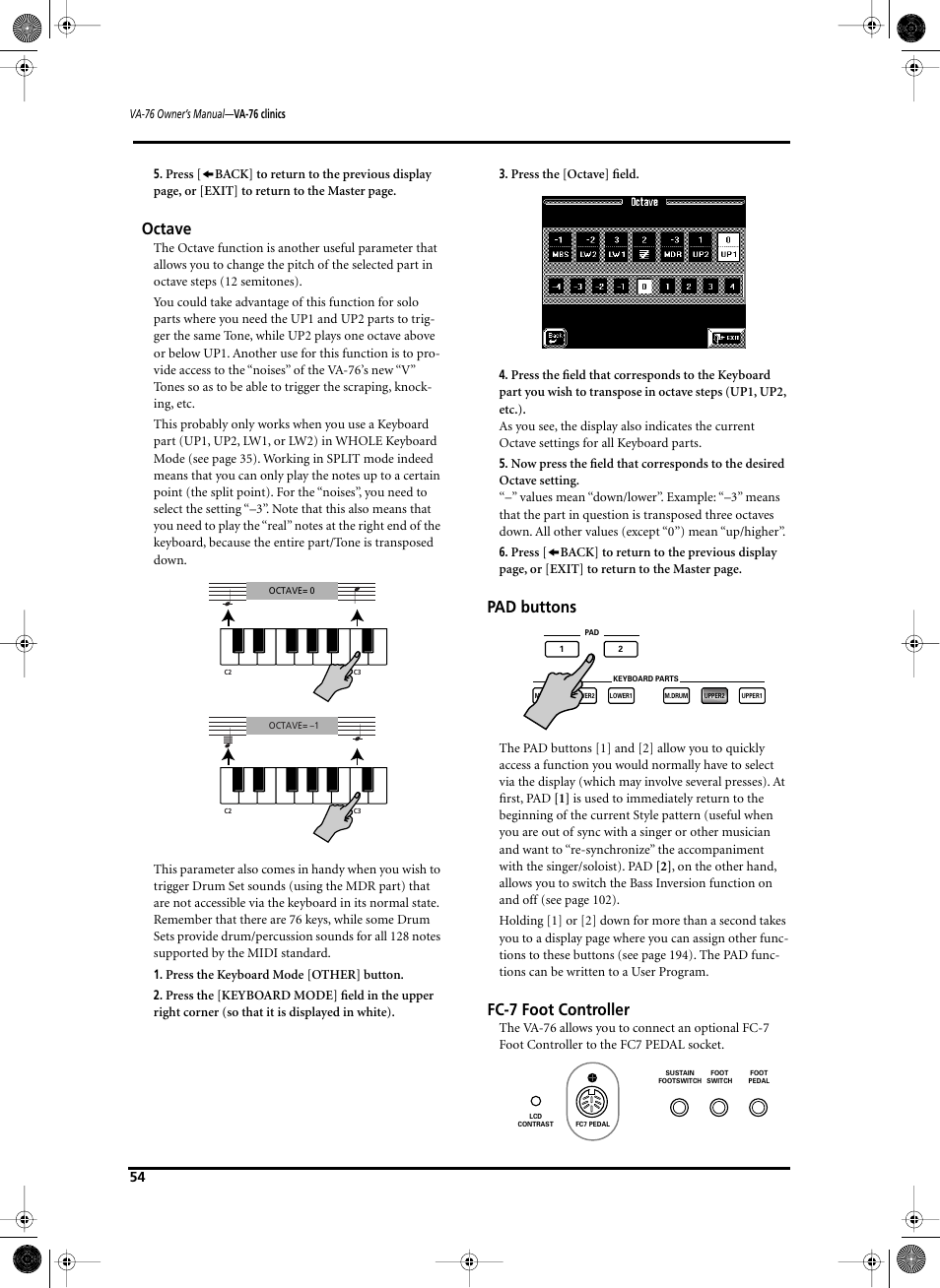 Octave, Pad buttons, Fc-7 foot controller | Roland V-Arranger Keyboard VA-76 User Manual | Page 52 / 264