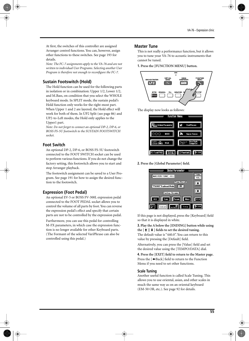 Sustain footswitch (hold), Foot switch, Expression (foot pedal) | Master tune | Roland V-Arranger Keyboard VA-76 User Manual | Page 53 / 264