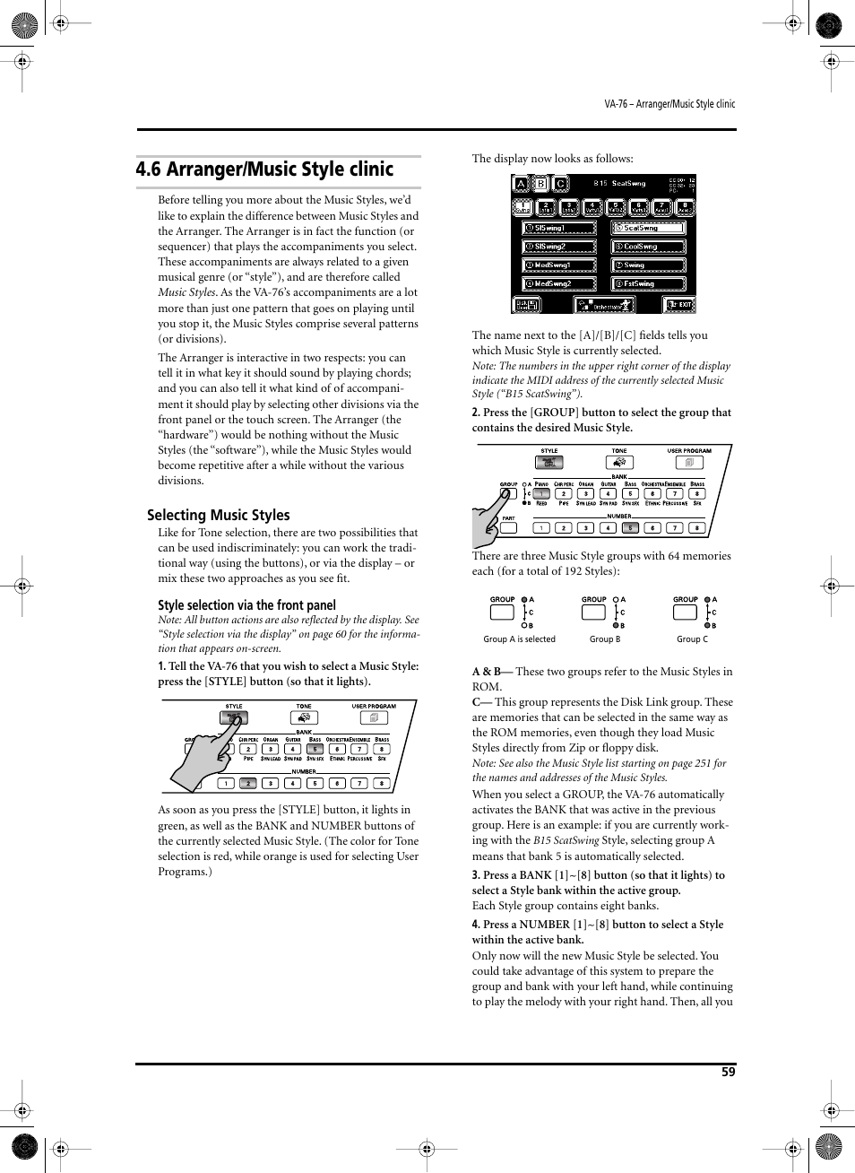 6 arranger/music style clinic, Selecting music styles | Roland V-Arranger Keyboard VA-76 User Manual | Page 57 / 264