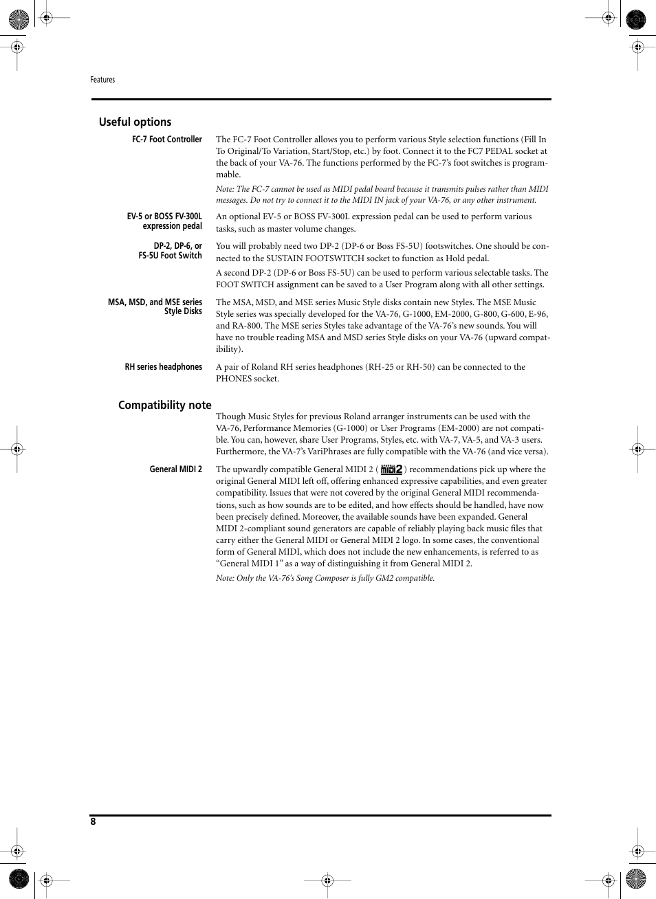 Useful options | Roland V-Arranger Keyboard VA-76 User Manual | Page 6 / 264