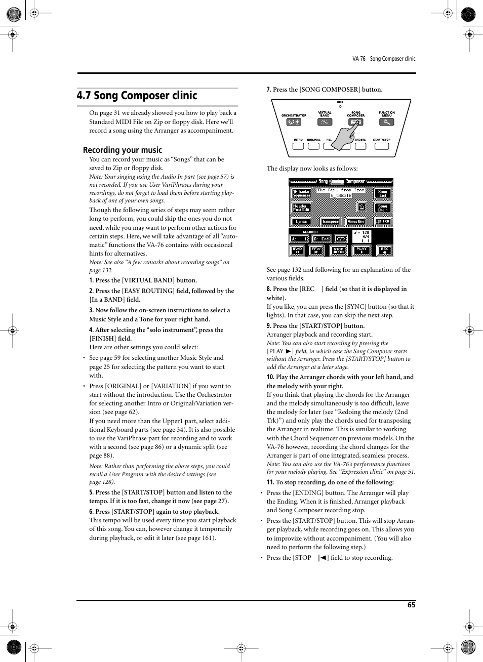 7 song composer clinic, Recording your music | Roland V-Arranger Keyboard VA-76 User Manual | Page 63 / 264