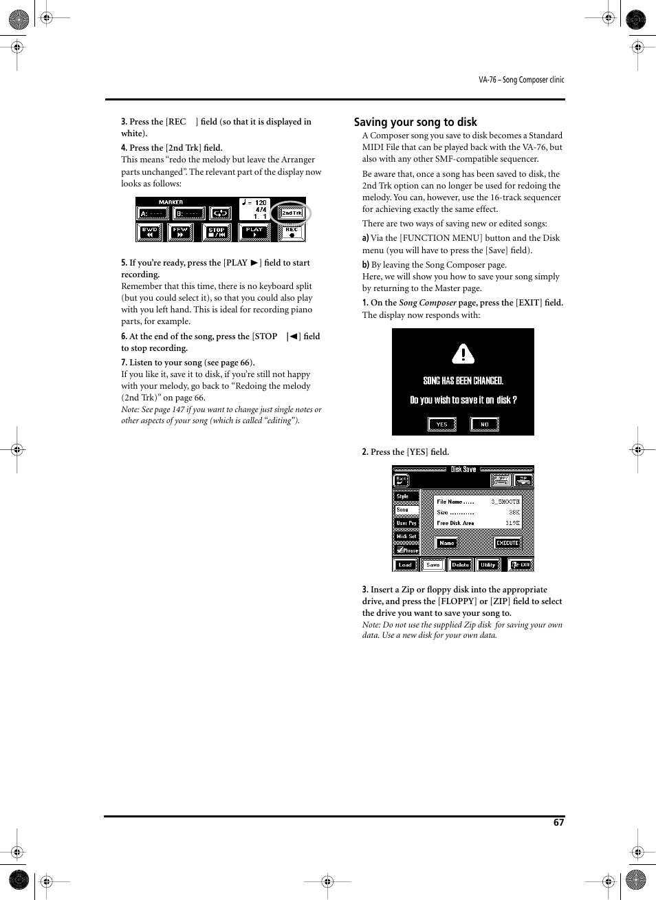 Saving your song to disk | Roland V-Arranger Keyboard VA-76 User Manual | Page 65 / 264