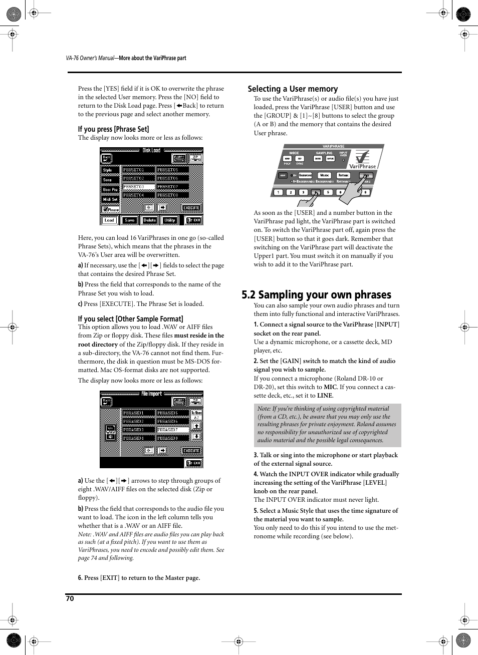 2 sampling your own phrases | Roland V-Arranger Keyboard VA-76 User Manual | Page 68 / 264