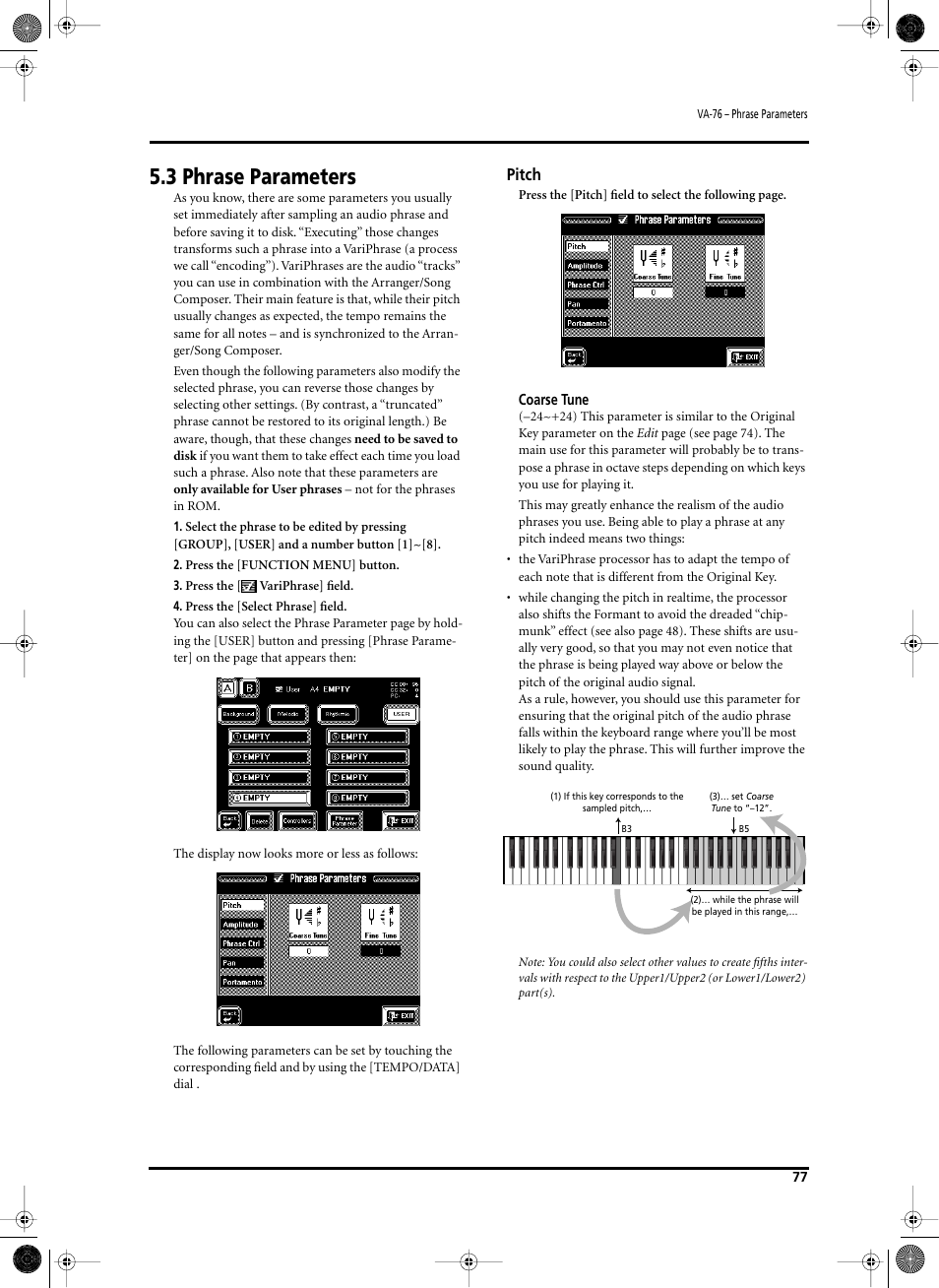 3 phrase parameters, Pitch | Roland V-Arranger Keyboard VA-76 User Manual | Page 75 / 264