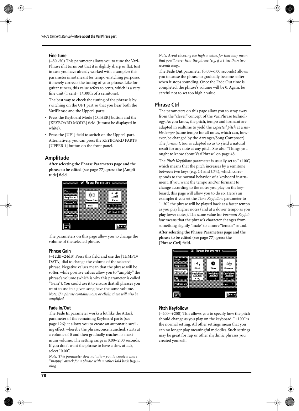 Amplitude, Phrase ctrl | Roland V-Arranger Keyboard VA-76 User Manual | Page 76 / 264