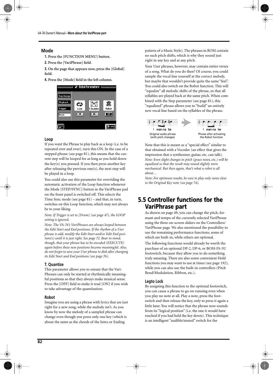 5 controller functions for the variphrase part, Mode | Roland V-Arranger Keyboard VA-76 User Manual | Page 80 / 264