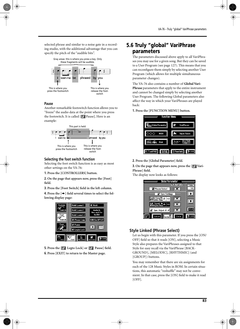 6 truly “global” variphrase parameters, Style linked (phrase select) | Roland V-Arranger Keyboard VA-76 User Manual | Page 81 / 264