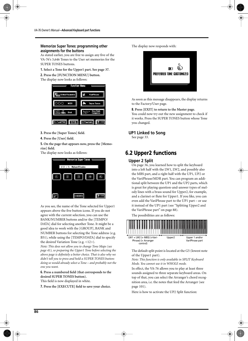 2 upper2 functions, Up1 linked to song, Upper 2 split | Roland V-Arranger Keyboard VA-76 User Manual | Page 84 / 264