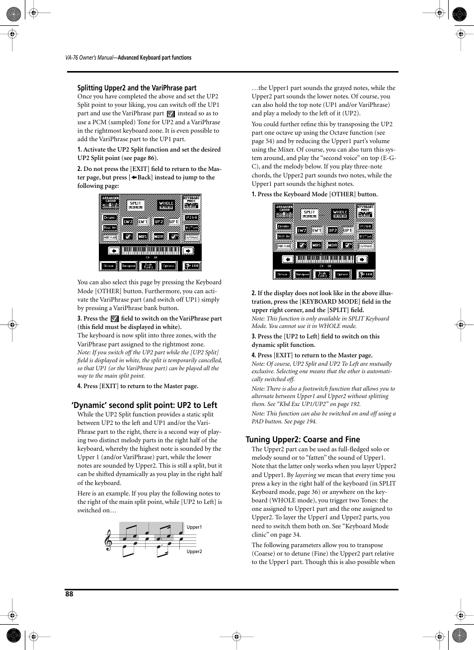 Dynamic’ second split point: up2 to left, Tuning upper2: coarse and fine | Roland V-Arranger Keyboard VA-76 User Manual | Page 86 / 264