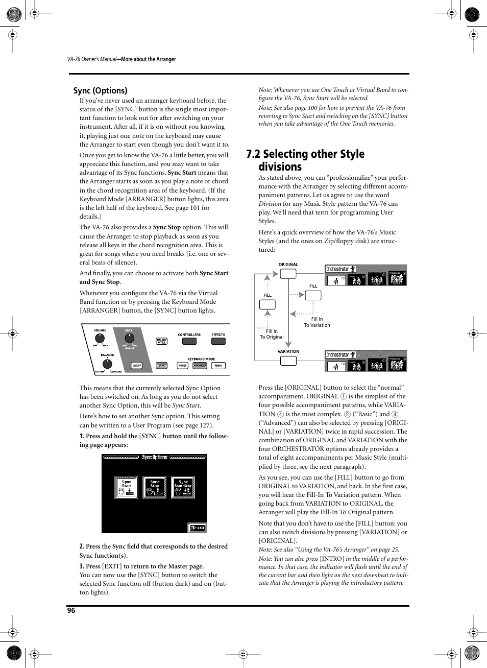 2 selecting other style divisions, Sync (options) | Roland V-Arranger Keyboard VA-76 User Manual | Page 94 / 264