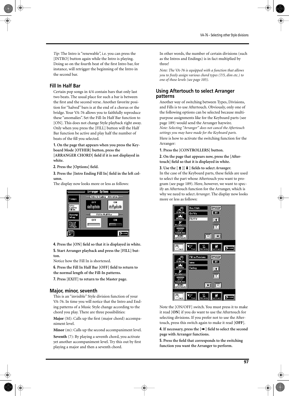 Fill in half bar, Major, minor, seventh, Using aftertouch to select arranger patterns | Roland V-Arranger Keyboard VA-76 User Manual | Page 95 / 264